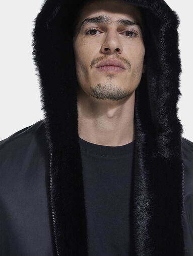 Black faux fur jacket with hood - 3