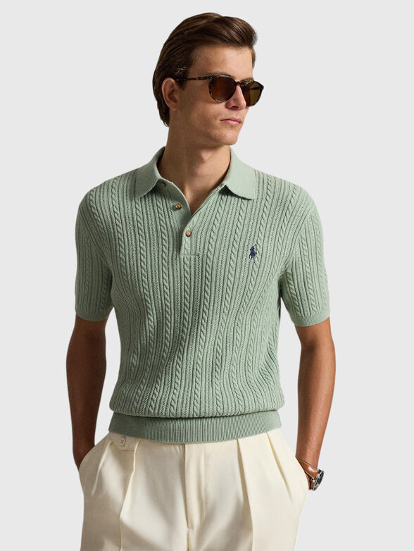 Cable knit embroidered polo collar sweater - 1