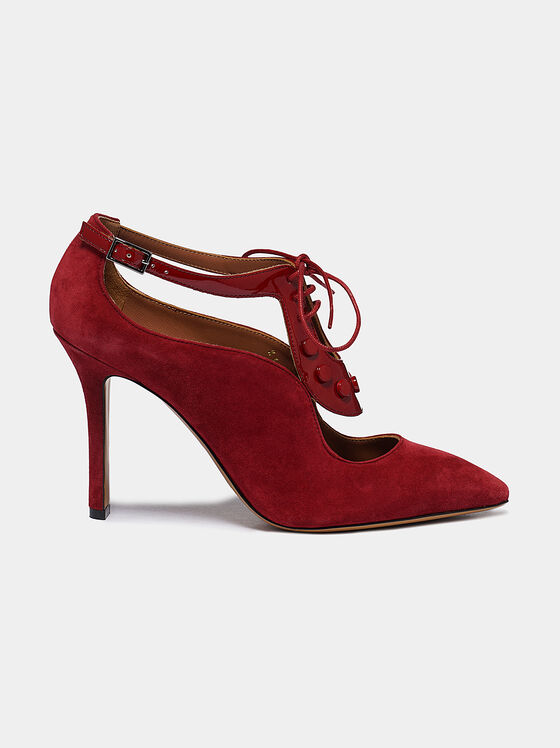 Велурени обувки на ток в червен цвят - 1