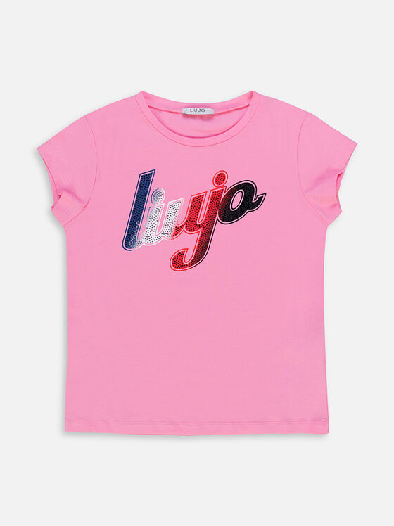 Розова тениска с многоцветен лого принт - 1