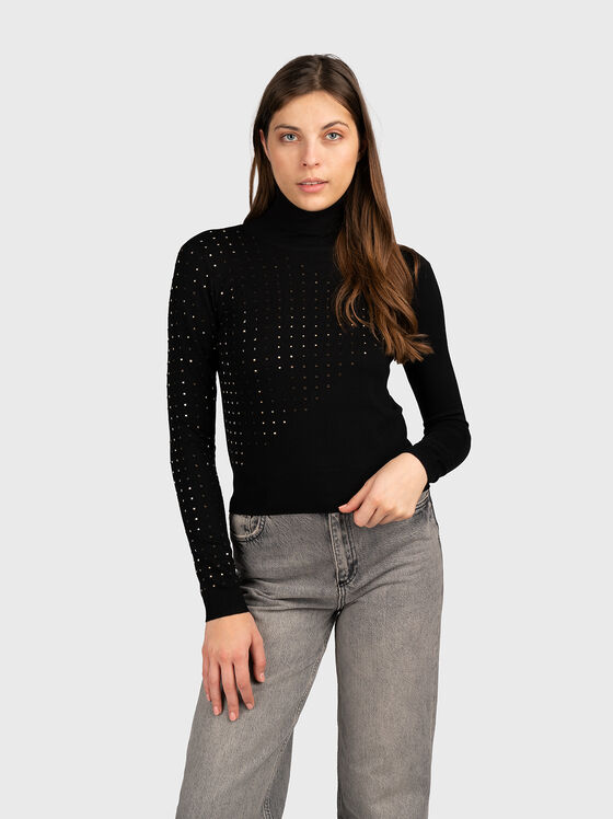 Черен пуловер с поло яка и акцентен гръб - 1