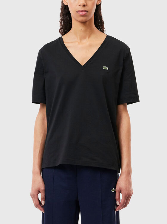 Black T-shirt with V-neck - 1