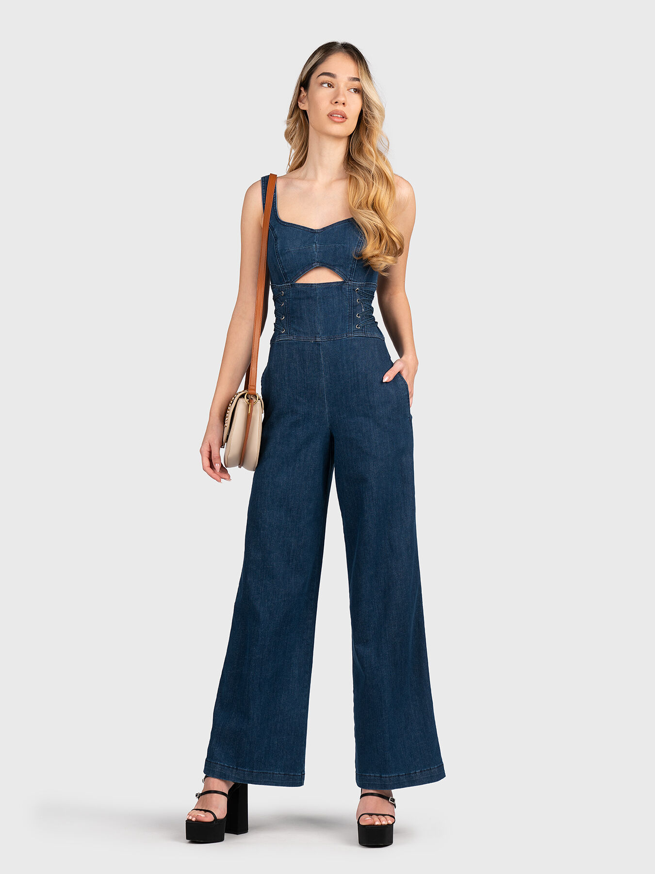 Dark blue denim jumpsuit hot sale