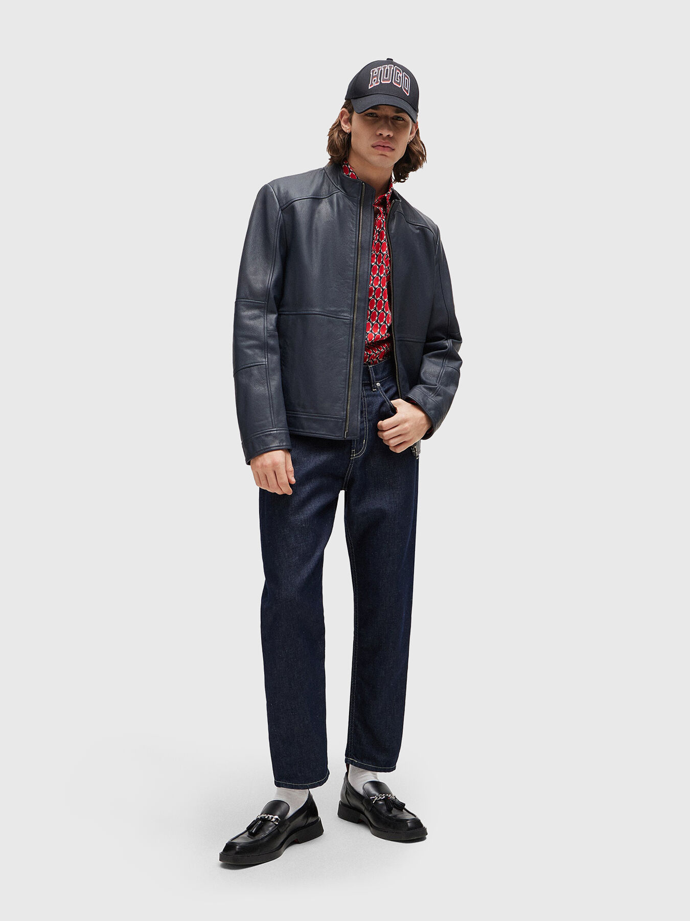 LOKIS2 dark blue leather jacket brand HUGO Globalbrandsstore en