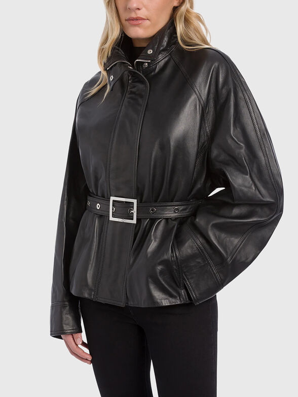 Leather jacket with an accent belt - 1