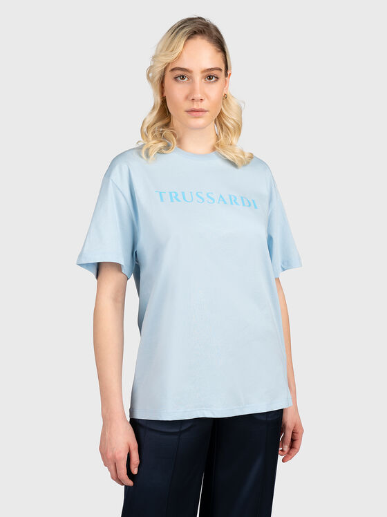 Синя памучна тениска с лого акцент - 1