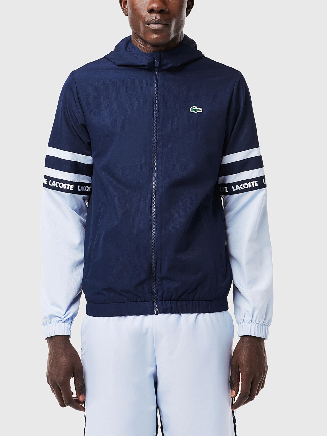 Jacket with logo accents in blue color brand LACOSTE