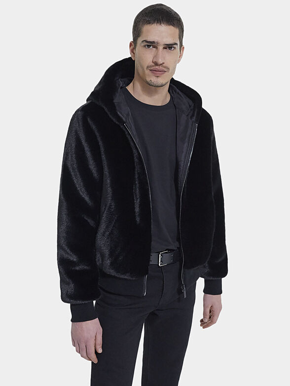 Black faux fur jacket with hood - 1