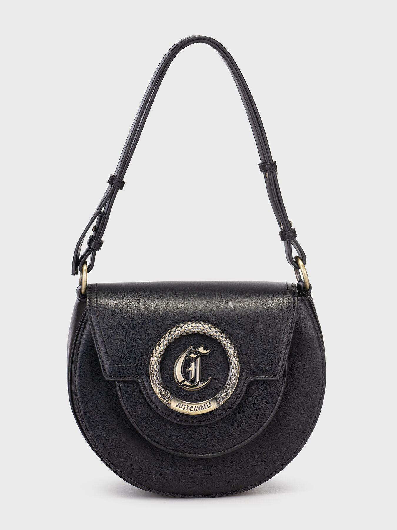 Black crossbody bag with round logo plaque brand Just Cavalli —  Globalbrandsstore.com/en