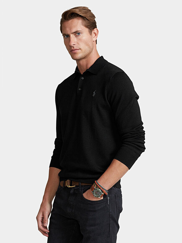 Black merino wool polo shirt - 1