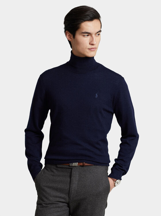 Вълнен пуловер с поло яка и лого бродерия - 1