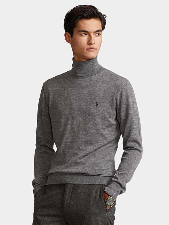 Gray wool turtleneck with embroidery logo - 1