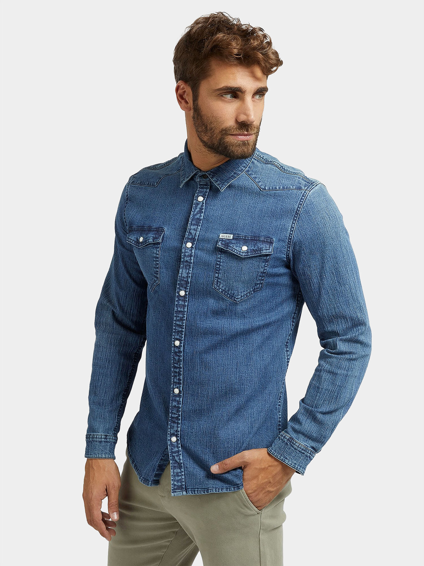 Blue denim shirt brand GUESS Globalbrandsstore en
