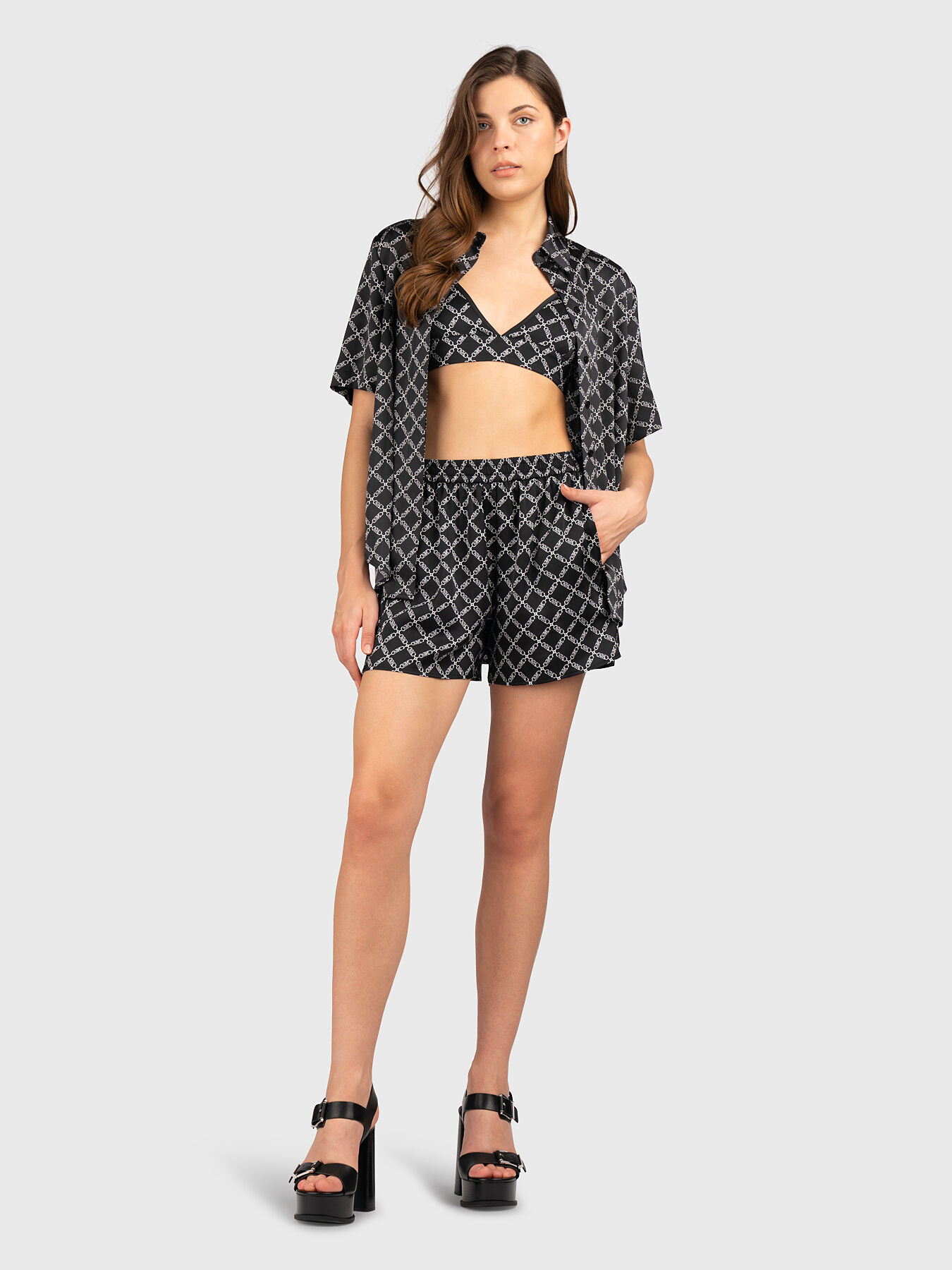 【massnoun】23SS★ C LOGO ONE TUCK SATIN WIDE SHORT PANTS Satin Wide Leg Pants & Crop Shirt Two-Piece | boohoo CA