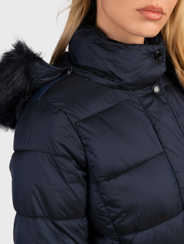 Hooded long jacket in dark blue color with belt - 5