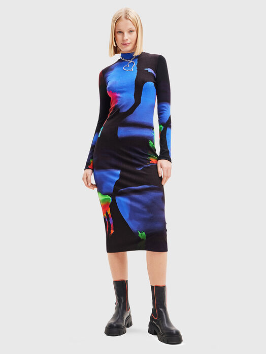 Midi dress with multicolored neon print
