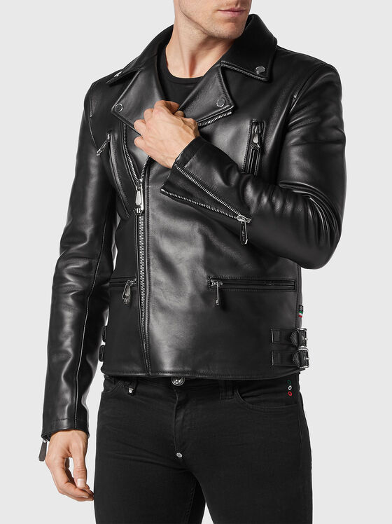 Leather biker jacket with gothic logo detail - 1
