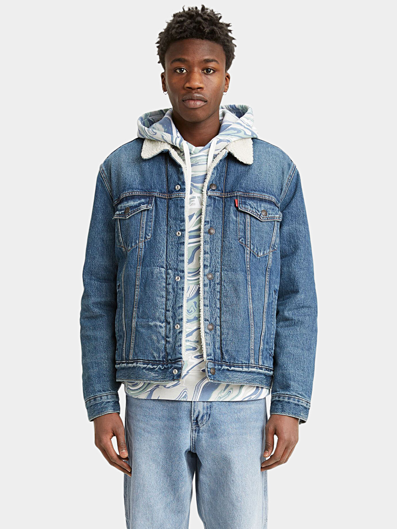 Levi's Type 1 Sherpa trucker denim jacket in blue pattern | ASOS