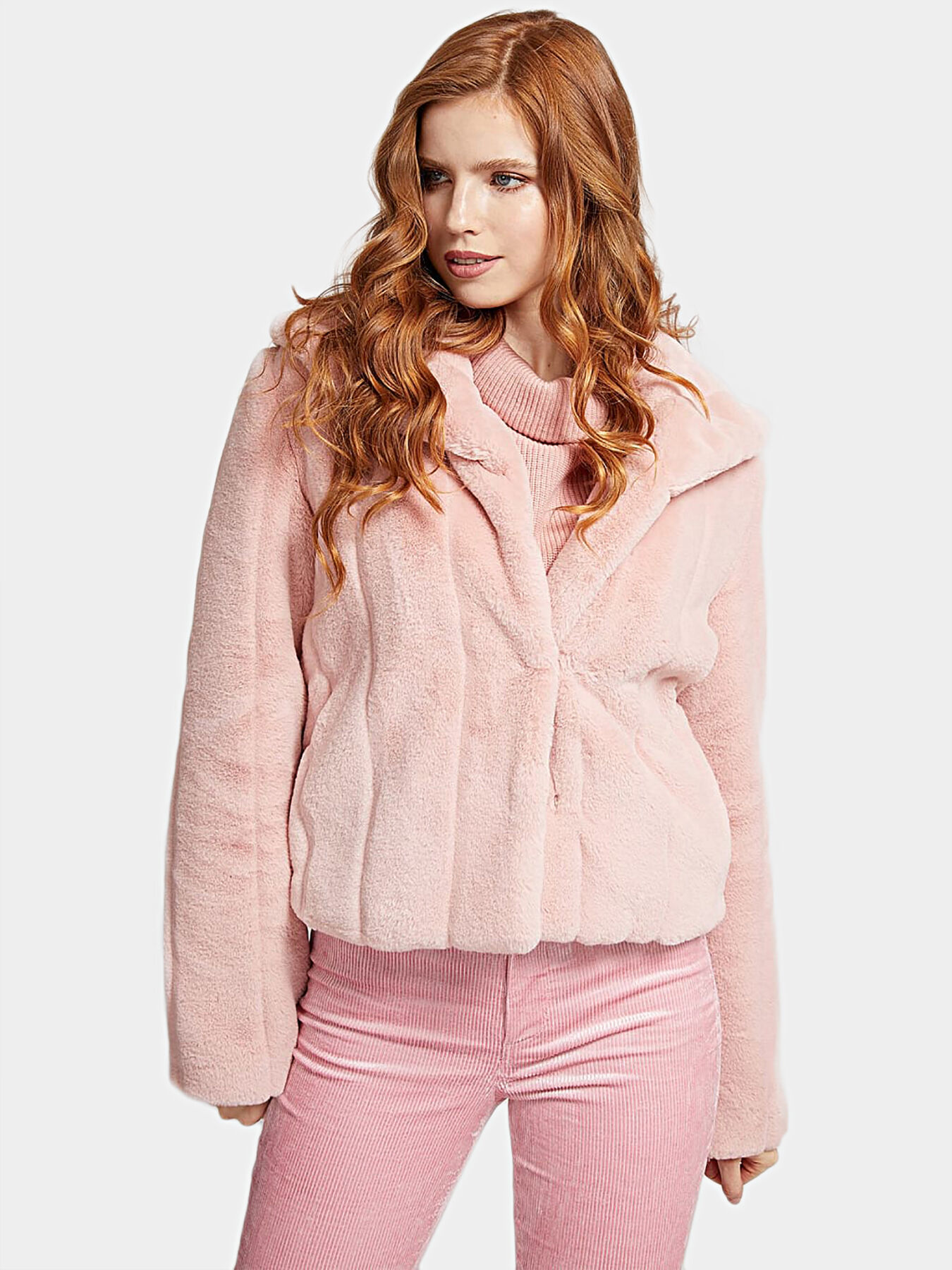 Guess faux fur coat pink shop