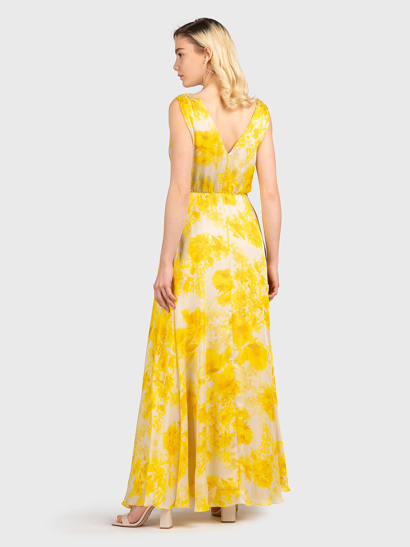 Long V-neck dress with floral print brand LIU JO