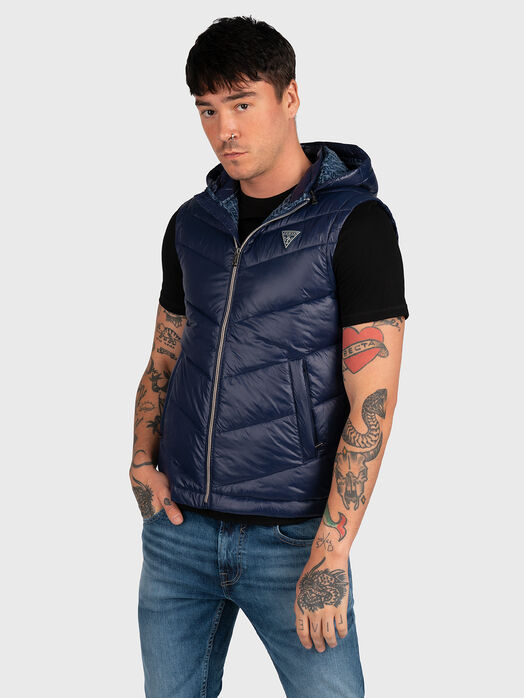 Black padded vest with hood and logo patch