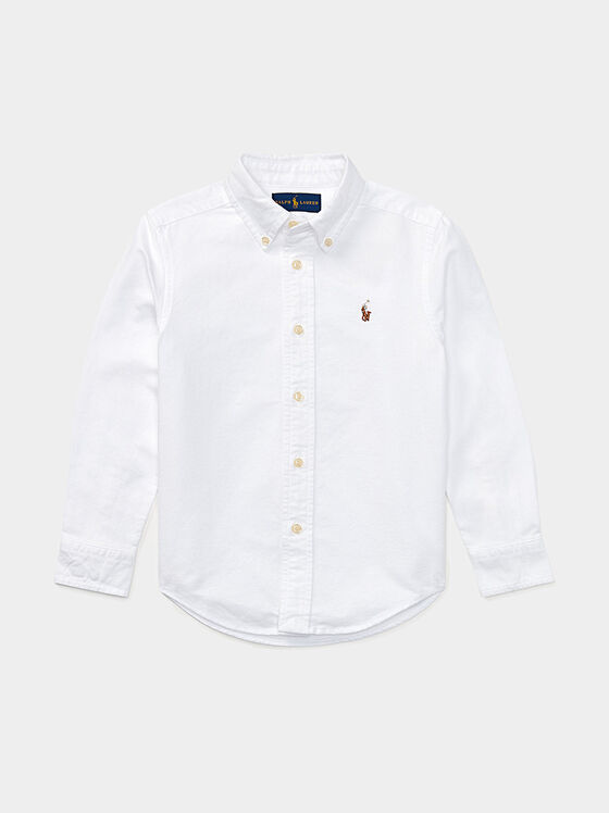 Бяла памучна риза с цветна лого бродерия - 1