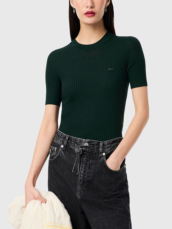 Зелен пуловер с къс ръкав от мерино вълна - 1