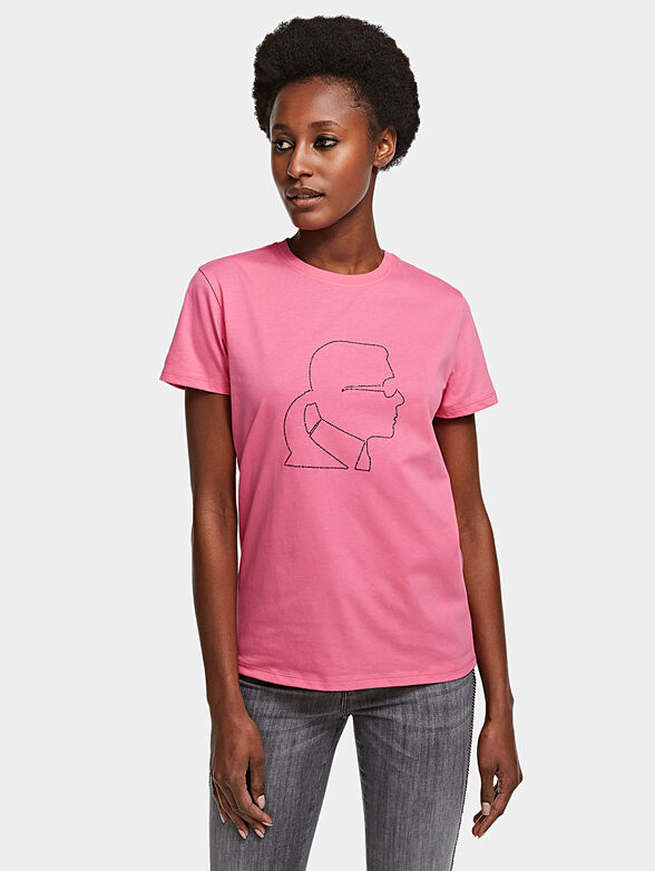 Pink cotton T-shirt with rhinestone logo - 1