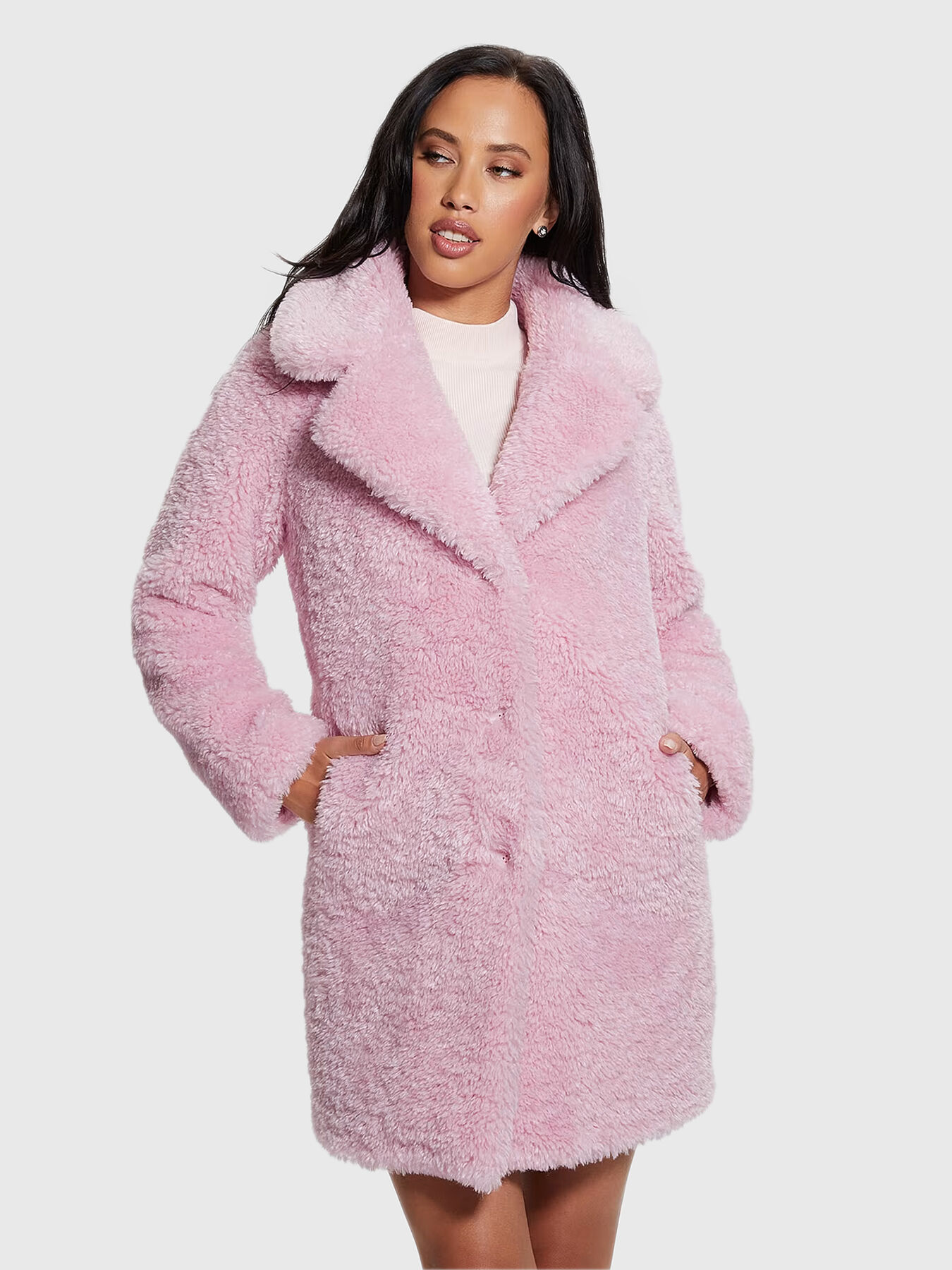 Guess faux fur coat pink clearance