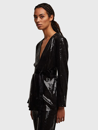 Black sequin jacket with satin belt - 4