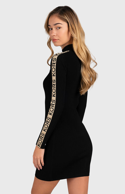 Knitted black dress with long sleeves and logo straps brand MICHAEL KORS   Globalbrandsstore.com/en