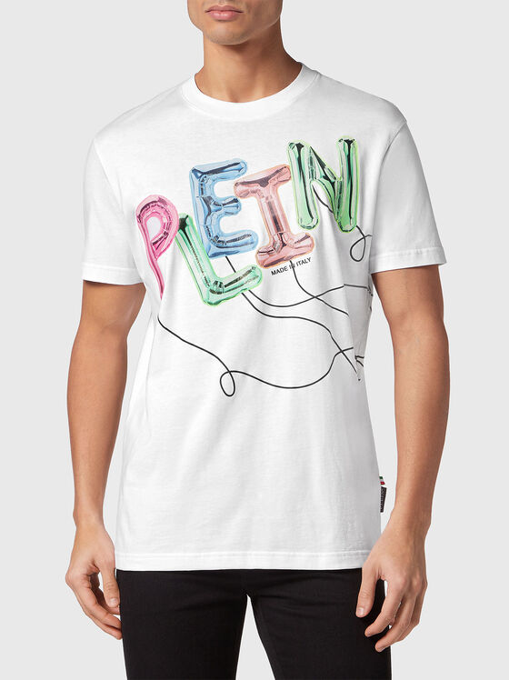 Памучна тениска с многоцветен лого принт - 1