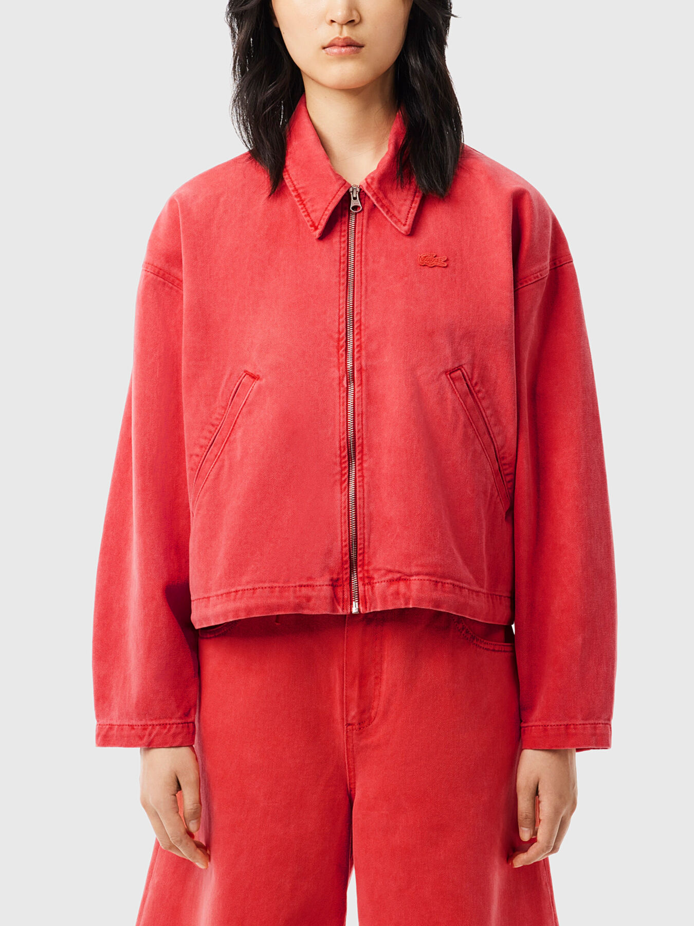 Red denim jacket with zip brand LACOSTE — Globalbrandsstore.com/en