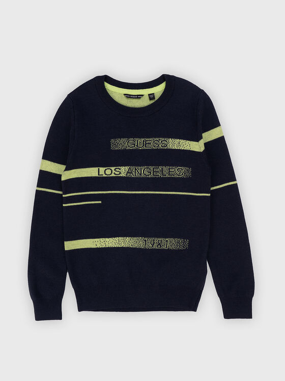 Син пуловер с контрастен лого мотив - 1