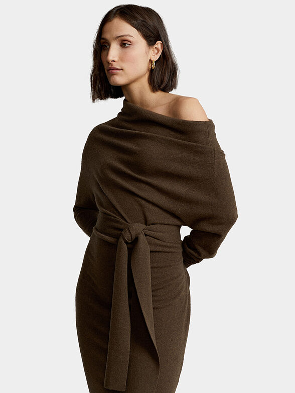 Dark green cashmere dress with belt - 4