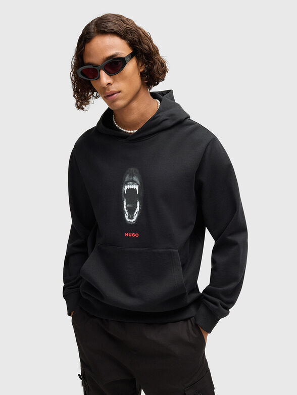 Cotton sweatshirt with hood and animal graphics - 1