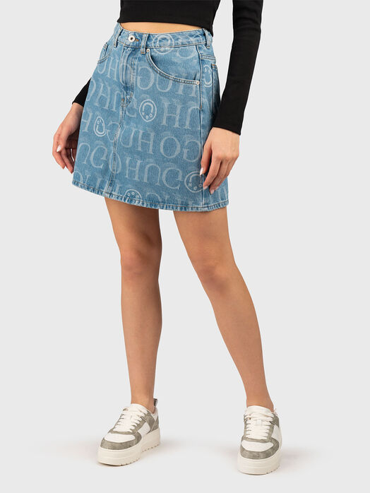 Denim mini skirt with logo print