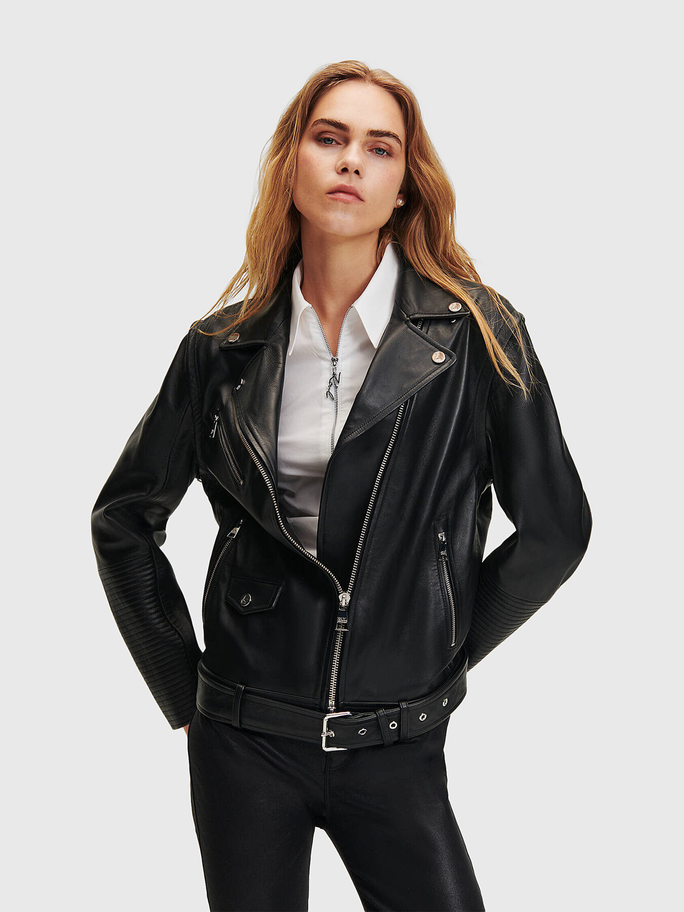 Leather biker jacket with detachable sleeves brand Karl Lagerfeld Globalbrandsstore en