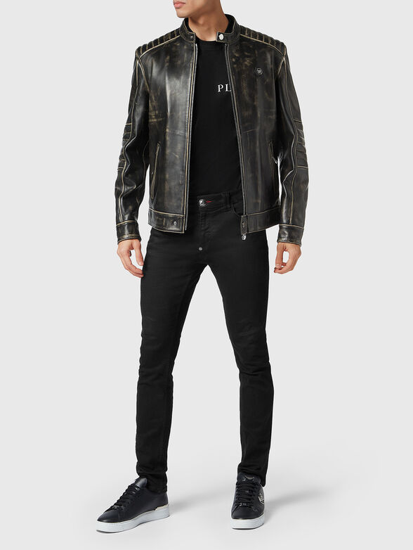 Leather jacket with low collar and logo accent - 2