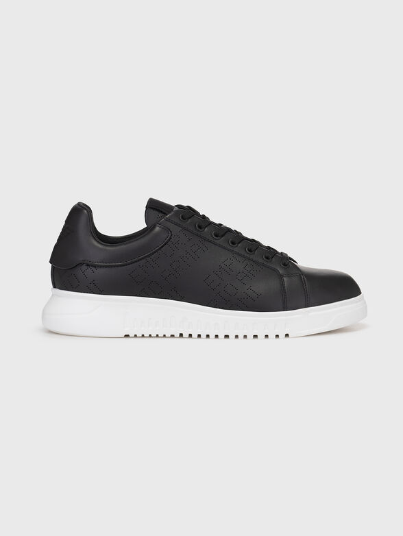 Black leather sneakers with perforated logo  - 1
