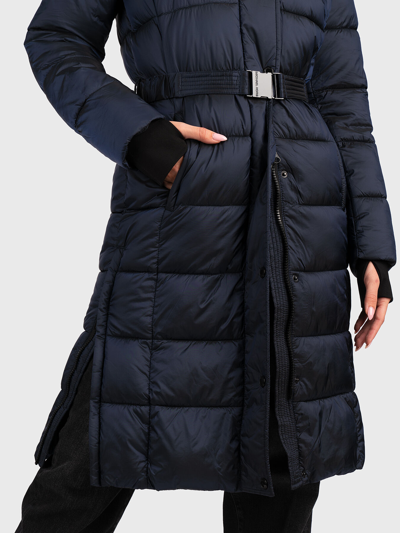 Hooded long jacket in dark blue color with belt brand MICHAEL KORS Globalbrandsstore en