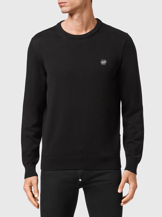 Черен памучен пуловер с лого патч - 1