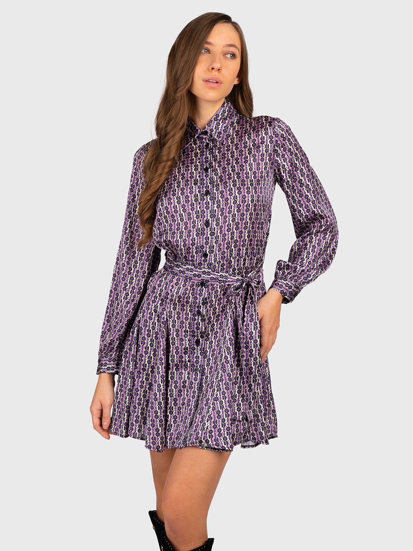 Satin shirt dress with monogram print brand LIU JO —  Globalbrandsstore.com/en