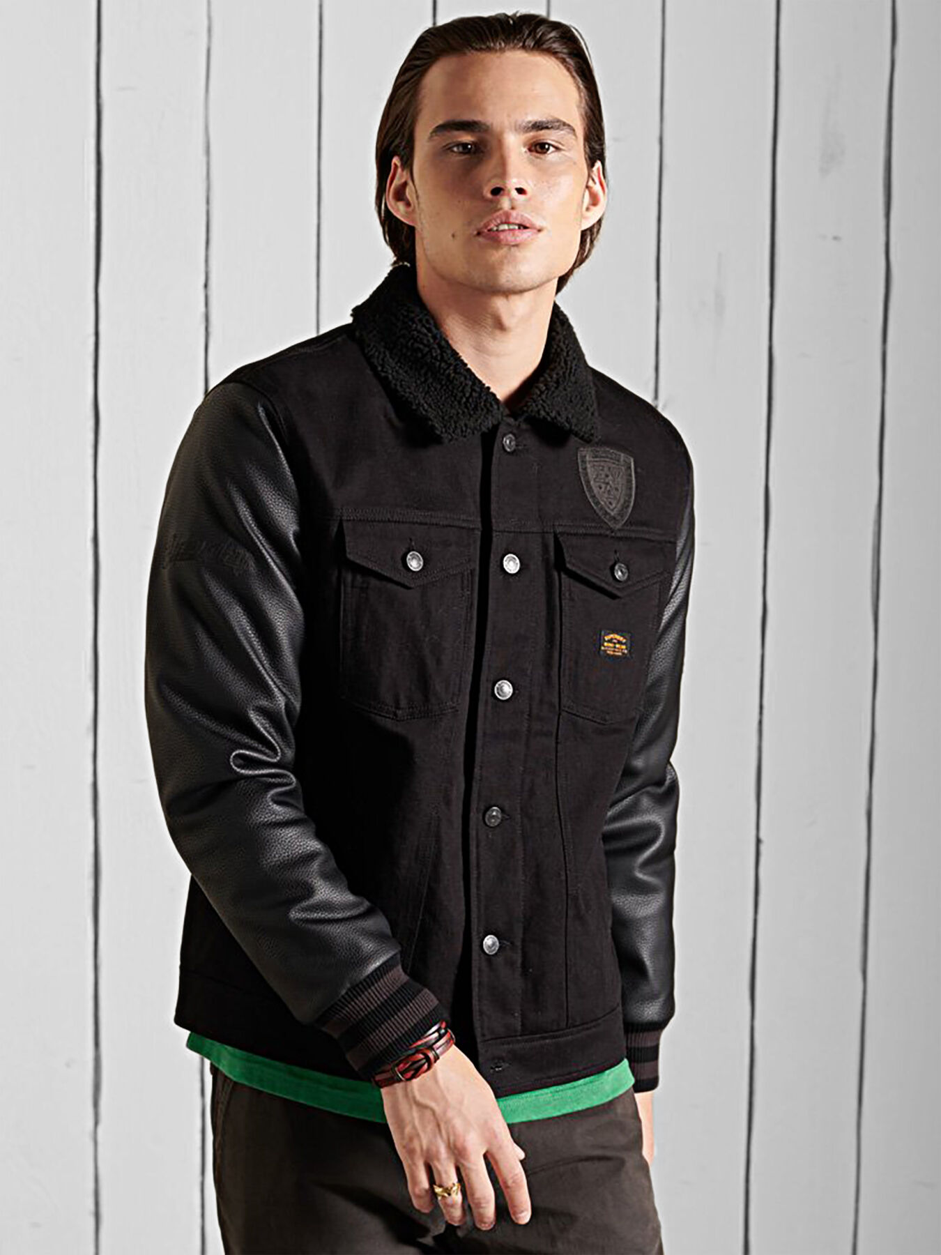 Denim jacket with faux leather sleeves brand SUPERDRY Globalbrandsstore en