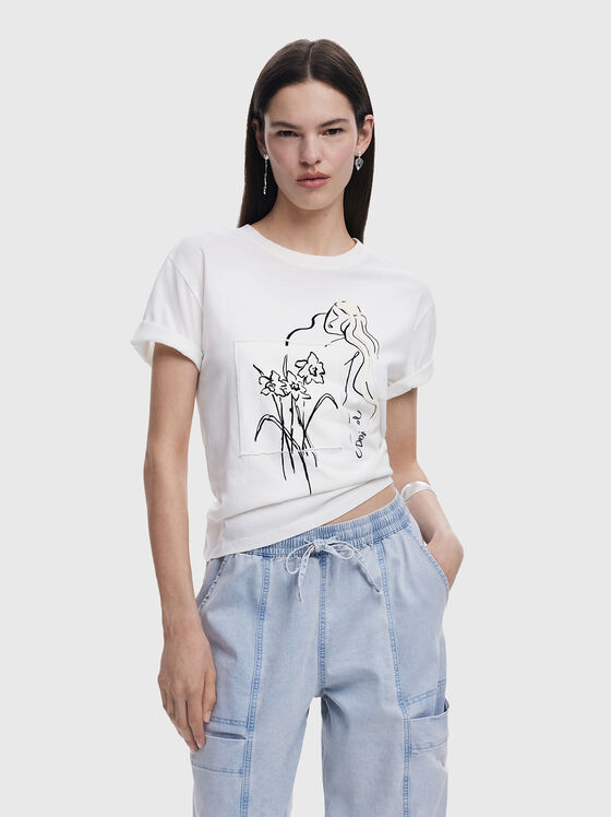 Cotton T-shirt with oval neckline and print - 1