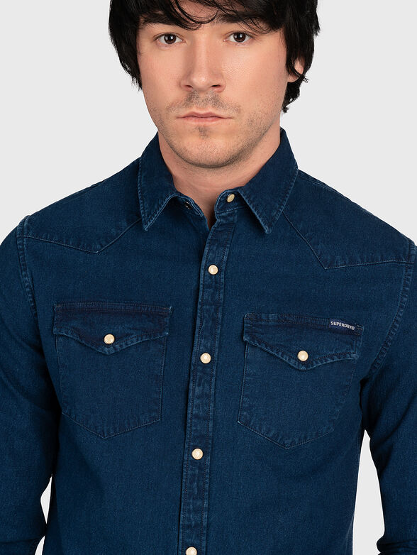 Dark blue cotton blend denim shirt - 4