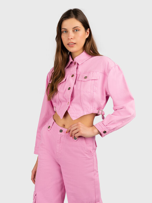 Cropped denim jacket in pink colour