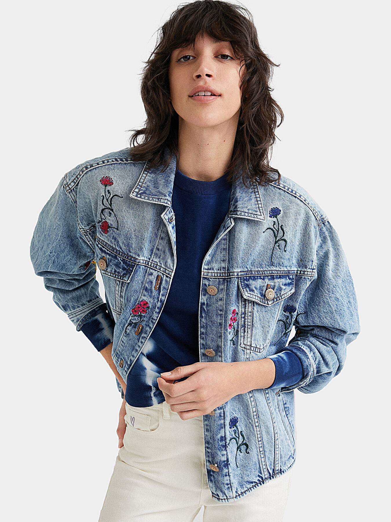 Asymmetrical denim jacket with floral details brand DESIGUAL