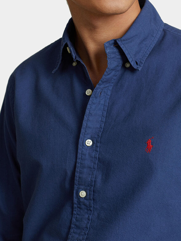 Blue cotton shirt with contrast logo embroidery - 4