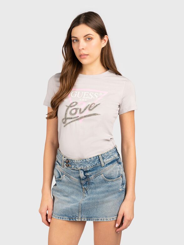 Cotton T-shirt with logo print and rhinestones - 1